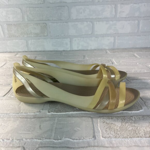 Crocs Flats Sandals Women 10 Jelly Creamy Yellow Slip On Strappy Open Toe Cutout - Picture 2 of 12